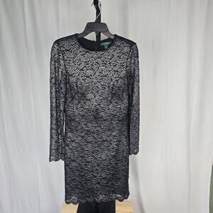Lauren Ralph Lauren Silver Shimmer Lace Sheath Dress Black Lined Size 10